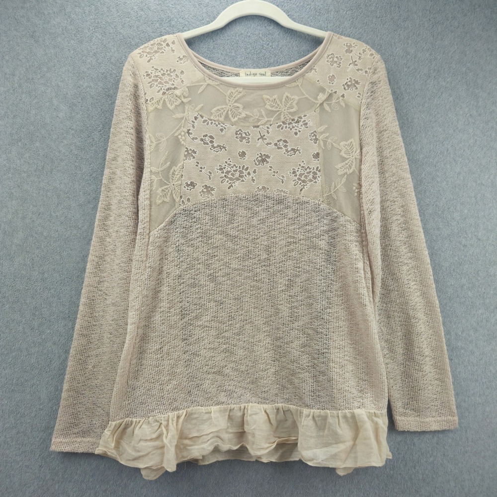 INDIGO SOUL Top Women L Beige Lace Ruffle Hem Long Sleeve Boho Peasant Chic